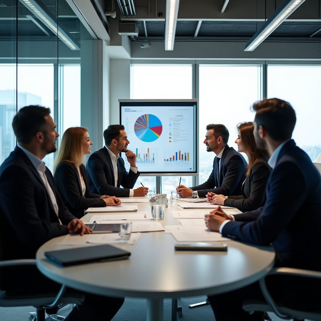 Equipo de consultoría en reunión estratégica
